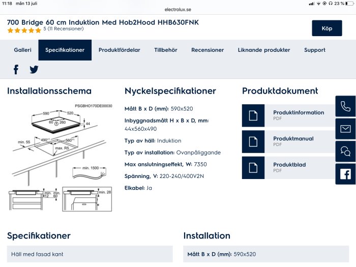 Installationsdiagram för induktionshäll med måttangivelser och elanslutningsinstruktioner.