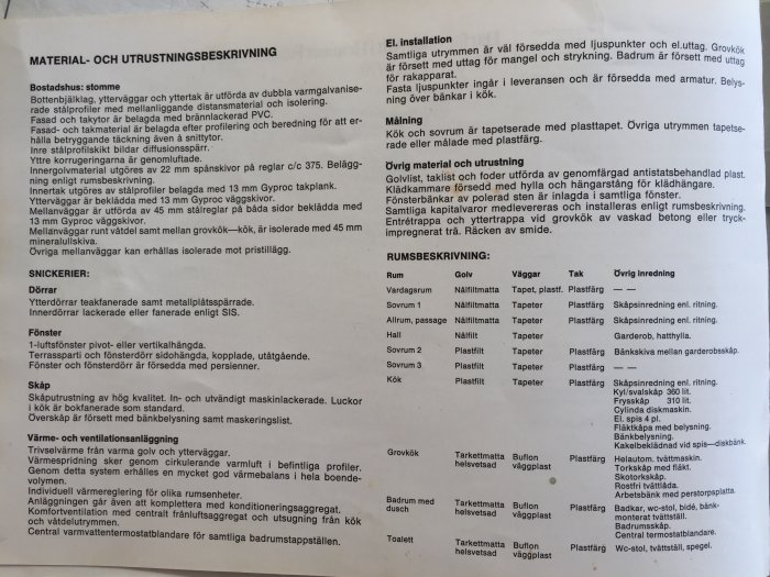 Sida från broschyr Årets Hus 1970 med text om material- och utrustningsbeskrivning för byggnader och interiör detaljer.