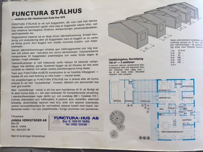 Svartvit bild av broschyr för "Functura Stålhus", Årets Hus 1970, med ritningar och beskrivning av husmodellen.