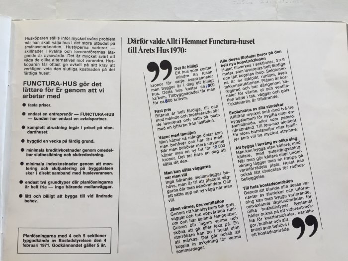 Broschyr från Årets Hus 1970 med text och informationspunkter som beskriver fördelarna med ett Functura-hus.