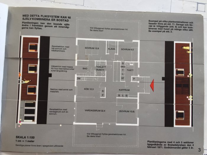 Originalbroschyr från Årets Hus 1970 med planlösning och sektioner för "Functura hus", inklusive text och skalindikator.