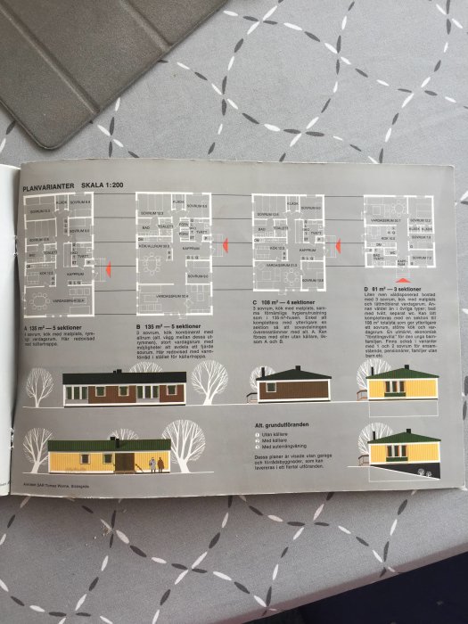 Bild på en original broschyr från Årets Hus 1970 visande olika planritningar och illustrationer av Functura husmodeller.