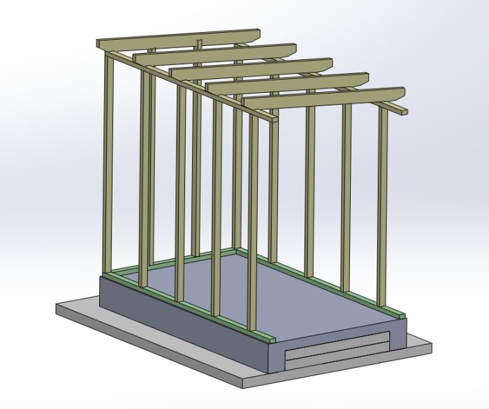 3D-modell av grundläggning med makadam, frigolit och gjutform för en friggebod.