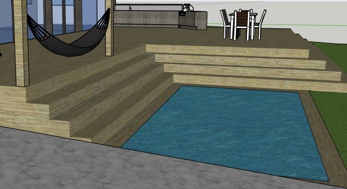 3D-rendering av en trädäck och trappa som leder ner till en pool, med detaljer som hängmatta och möbelset.