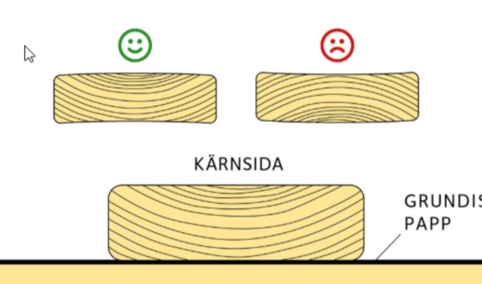 Illustration av träplankor med olika årsringsmönster och emotikon-symboler för 'glad' och 'ledsen'.