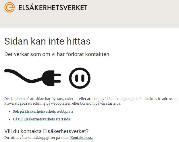 Felmeddelande på webbsida, 'Sidan kan inte hittas' från Elsäkerhetsverkets hemsida, med ikon av uttag och stickpropp.