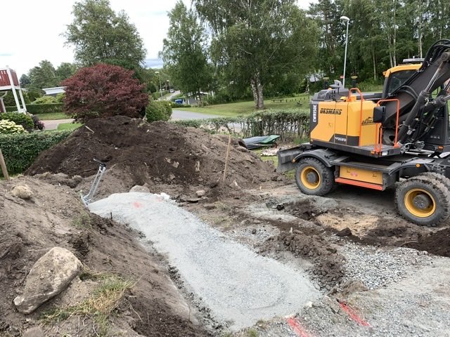 Uppgrävd tomt med högar av jord, en grävmaskin och en nylagd grund av grus i förgrunden.