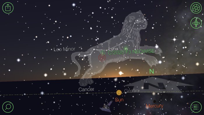 Skärmbild av Star Walk app med stjärnhimmel och konstellationen Leo synlig genom augmented reality-teknik.