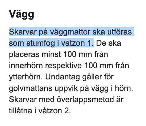 Skärmdump av text om riktlinjer för skarvning av väggmattor i vattentäta utrymmen.