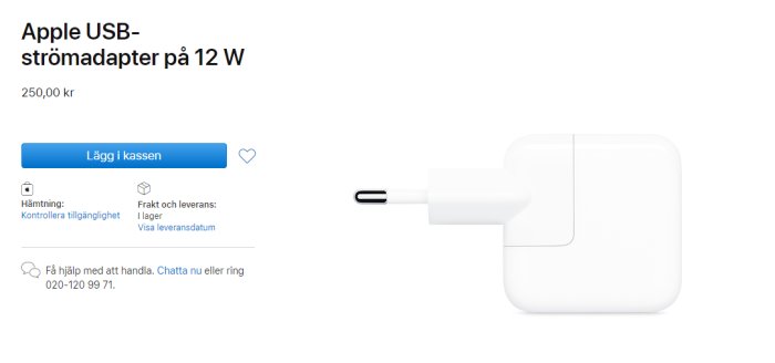 Apple 12W USB-strömadapter på vit bakgrund, visad på Apple-webbplatsen.