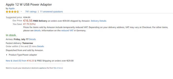 Skärmdump av Amazon-produktsida för en Apple 12W USB-strömadapter med prissättning och användaromdömen.