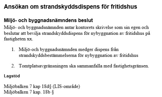 Dokumentutdrag om strandskyddsdispens för nybyggnation av fritidshus, med beslut från miljö- och byggnadsnämnden.