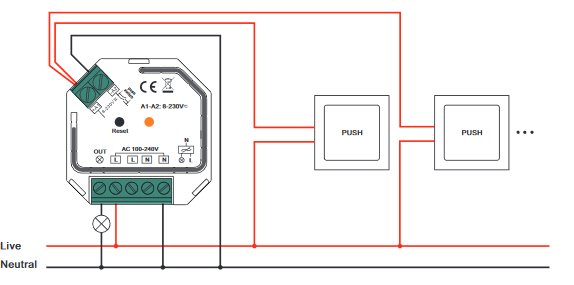 Schematisk illustration av elinstallation med brytardosa och två knappar märkta PUSH, kopplade med röda och svarta ledningar.