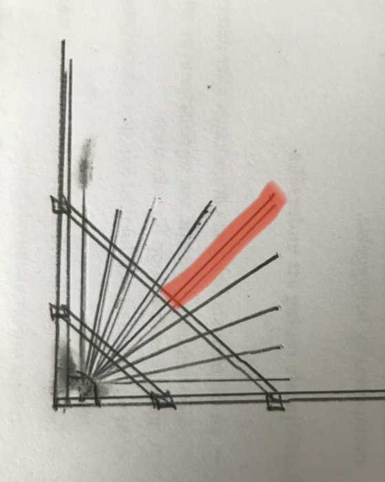 Skiss av en balkongkonstruktion med ett element markerat i rött för att diskutera dess längd och dimension utan stödstolpe.