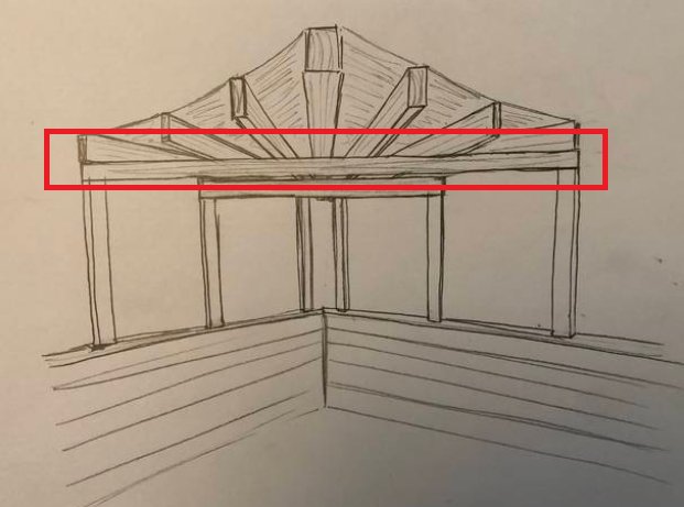 Skiss av ett byggnadsprojekt med en takkonstruktion och en markerad balk som behöver dimensioneras.