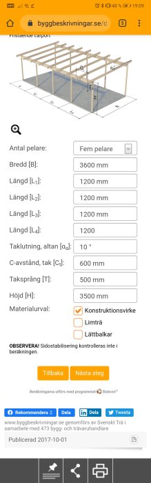 Screenshot av digitalt byggplaneringsverktyg med dimensioner för en carport i träkonstruktion.