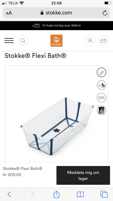 Fällbar Stokke Flexi Bath badbalja i vitt och blått som ett alternativ till badkar.