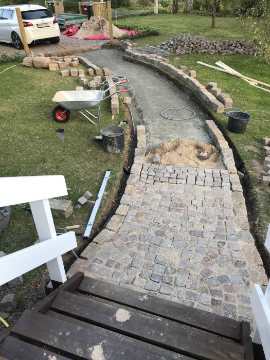 Nygjord stengång med kantsten leder fram till en husentré, omgiven av trädgårdsarbete och en skottkärra.