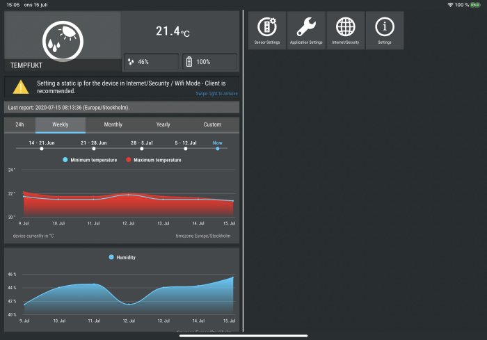 App-skärmbild som visar Shelly HT termometer och hygrometer med temperatur- och fuktighetskurvor.