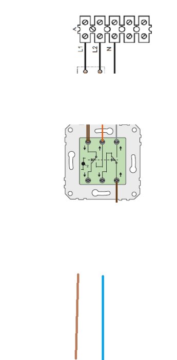 Schematiska illustrationer av elektriska kopplingar för en dubbeltrapp med markerade ledningar och anslutningar.