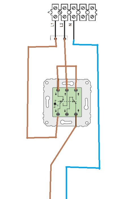 Schematisk ritning av elektrisk koppling för byggprojekt, med ledningar och kopplingsdosa.