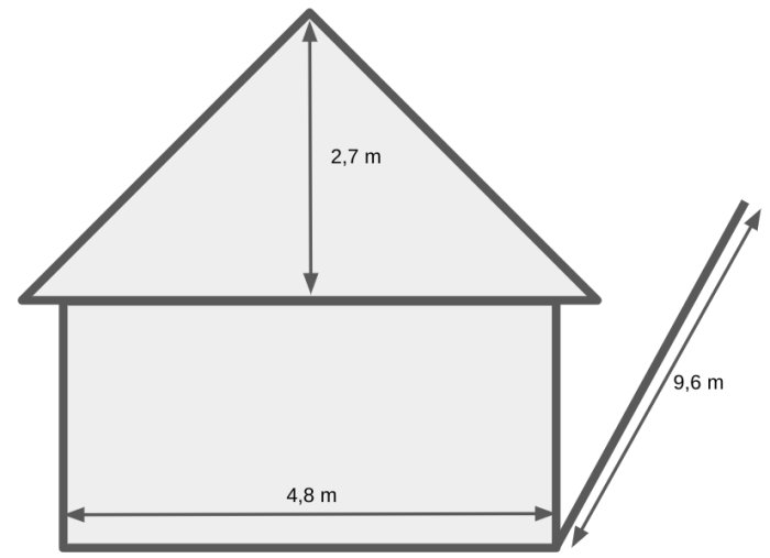 Ritning av ett garage med måtten 9,6 x 4,8 meter och en taklutning på 45 grader visande höjden 2,7 meter upp till nock.