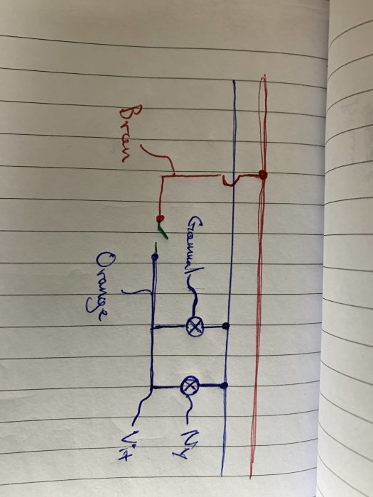 Handritad skiss av en tänkt elinstallation med märkta kablar och brytare.