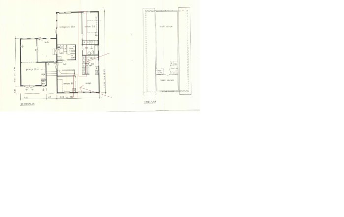 Skannad bild av planritningar för ett 1,5-plans Älvsbyhus från 1975 med markerade områden och dimensioner.