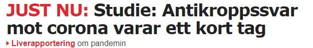 Nyhetstitel om studie som visar att immunitet mot covid-19 kan vara kortvarig.