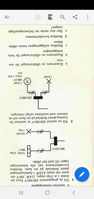 Orienterat schema över elektrisk koppling, inverterat, med en elmotor och belysningslast.