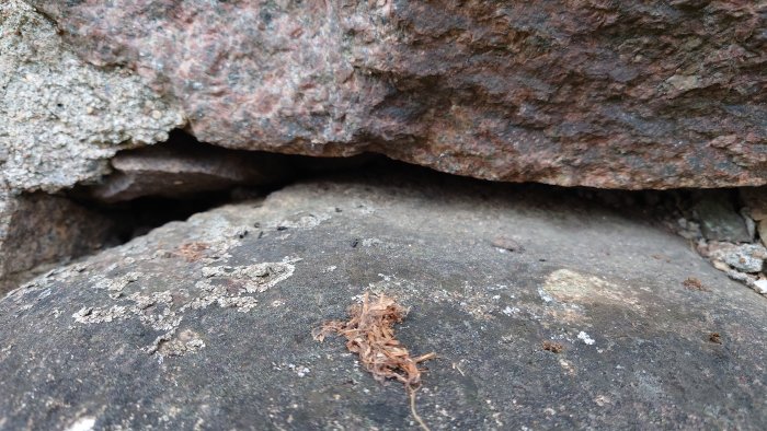 Detaljbild av en grundmurs stora stenar med tydliga hålrum och lösa delar som behöver repareras.