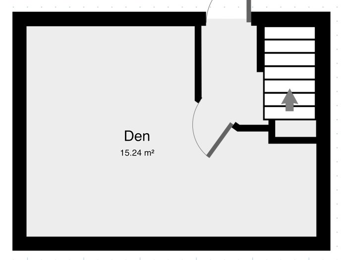 Svartvit planritning av ett källarrum med måttangivelser och en markering av en befintlig dörr.
