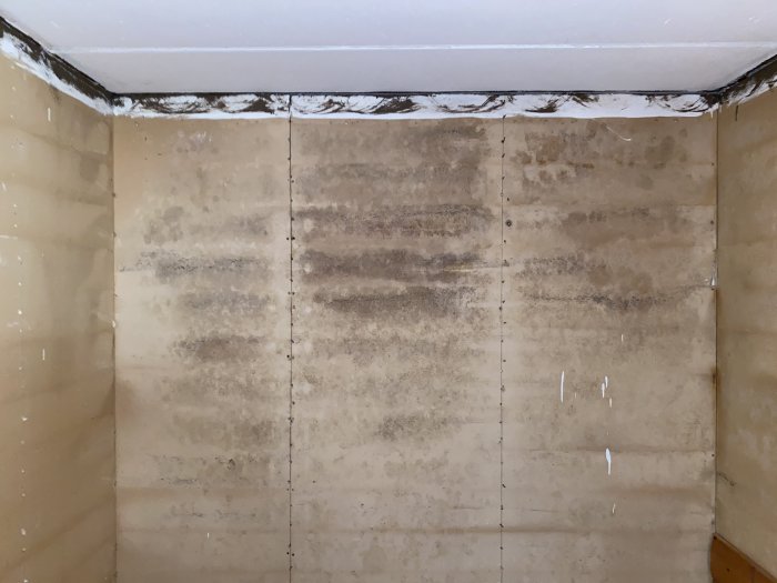 Mögelskadade väggar med synliga mönster av fuktskador och sporadisk vit färg i ett renoveringsprojekt för källarrum.