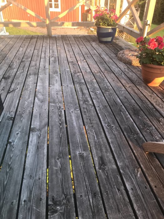 Slitet trätrall på en uteplats som inte underhållits på 35 år, grå och obearbetad med blomkrukor vid sidan.
