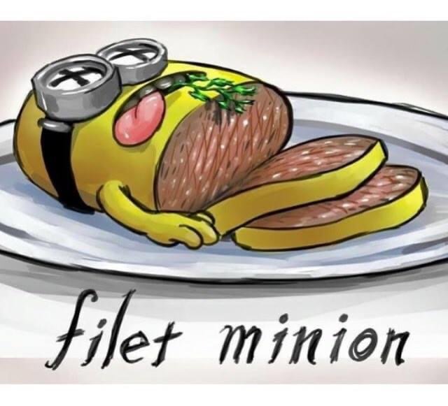 Illustration av en "filet mignon" med en Minion karaktär liggandes som en biff med skivor avskurna.