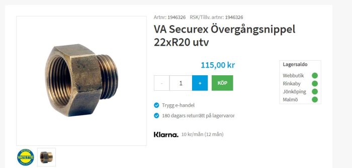 Securex övergångsnippel i mässing, 22xR20 storlek, visas bredvid pris och lagerstatus.