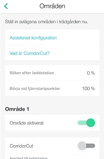 Skärmdump av app med inställningar för områden i en robotklippare, inklusive assisterad konfiguration och CorridorCut-funktion.