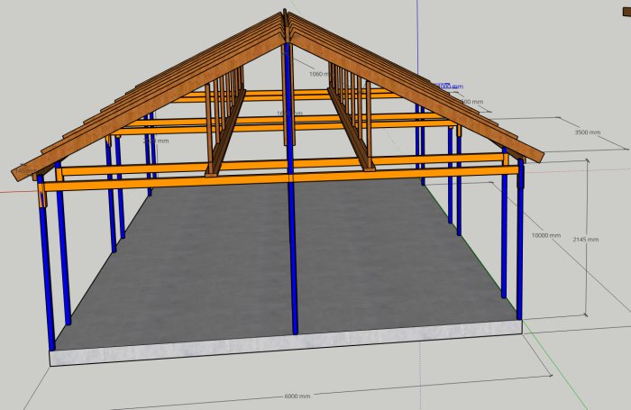 3D-ritning av ett garage med blå stödben och orangea stålreglar som stödjer ett tak med träkonstruktion.