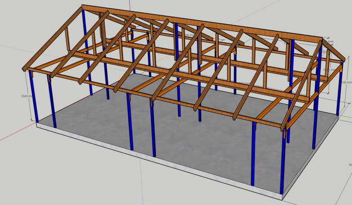 3D-modell av ett garage med blå stödben och orangea stålreglar som stödjer ett träkonstruktionstak.