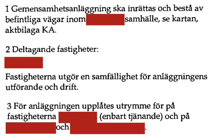 Dokument med text om gemensamhetsanläggning och deltagande fastigheter med redigeringar.