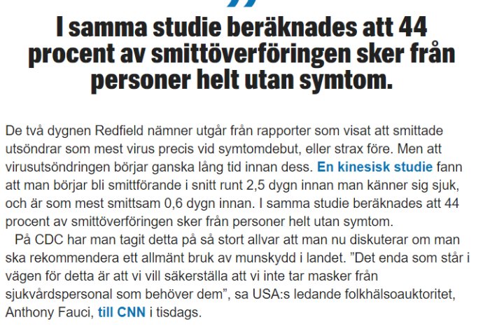 Skärmdump av en nyhetsartikel som diskuterar studieresultat om smittöverföring från asymptomatiska personer.