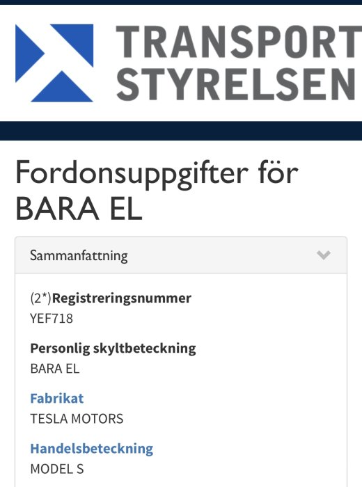 Skärmbild från Transportstyrelsens fordonssida med fordonsuppgifter för en Tesla Model S, registreringsnummer YEF718.