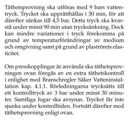 Dokument med instruktioner för tätighetsprovning av VVS-system, inklusive hållning av tryck och kontroll av presskopplingar.