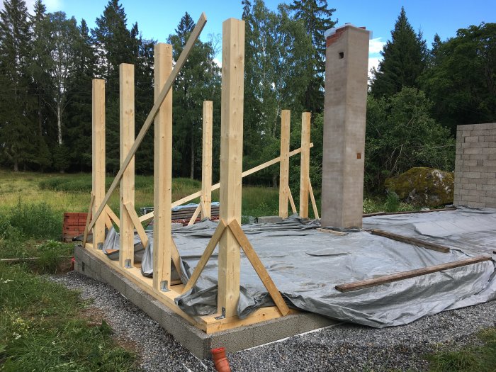 Inledande steg av byggprojekt med uppresade väggreglar och bärlinor, på en grusgrund omgiven av natur.