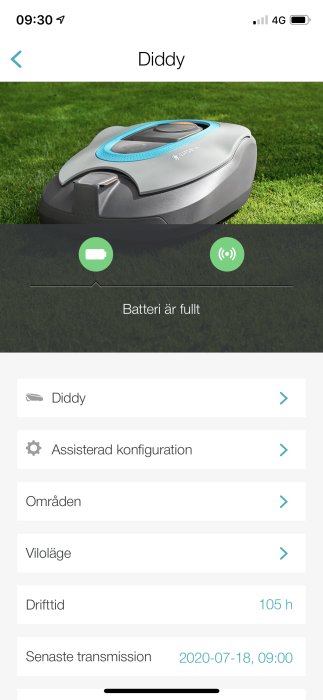 Skärmdump från en app som visar en robotgräsklippare kallad "Diddy" med information om fullt batteri och olika inställningsalternativ.