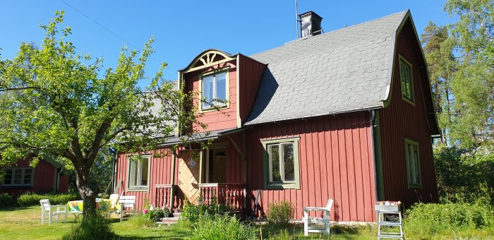 Rött trähus med övervåning som inte är byggd i timmer, omgiven av en grön trädgård och blå himmel.