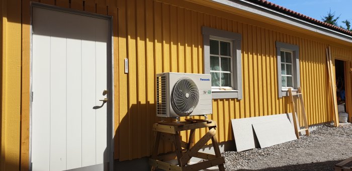 Nyinstallerad luftvärmepump utanför en gul trävilla, står på uppbyggd träställning, vid sidan om vita isolerplattor.