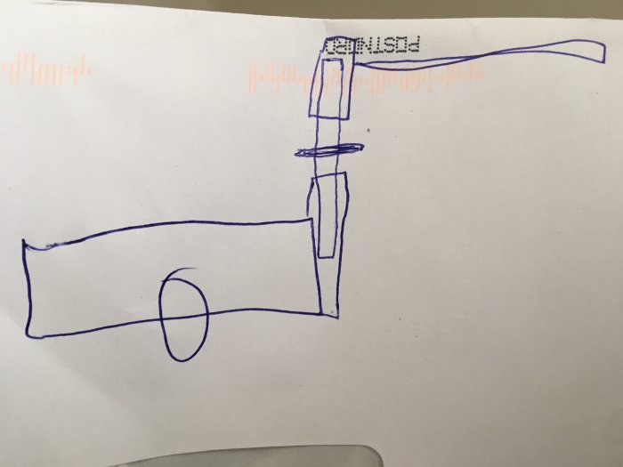Handritad skiss av ett fyrkantsrör med en stång och bricka, planerad för byggkonstruktion.