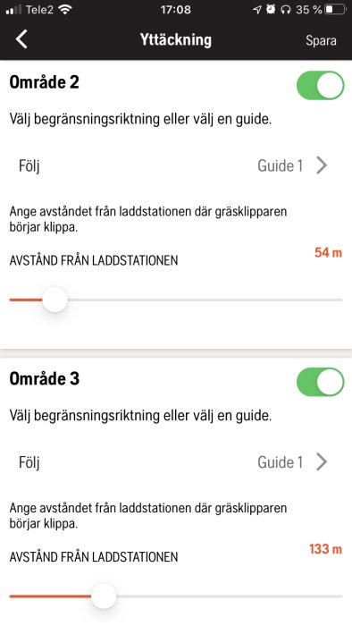 Inställningsskärm för robotgräsklippares startmönster med avståndsjustering för område 2 och 3.