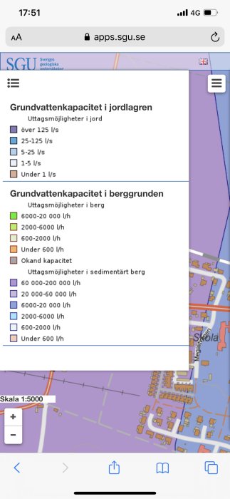 Skärmdump från SGU webbplats som visar kategorier för grundvattenkapacitet i jord- och berglager på en karta.